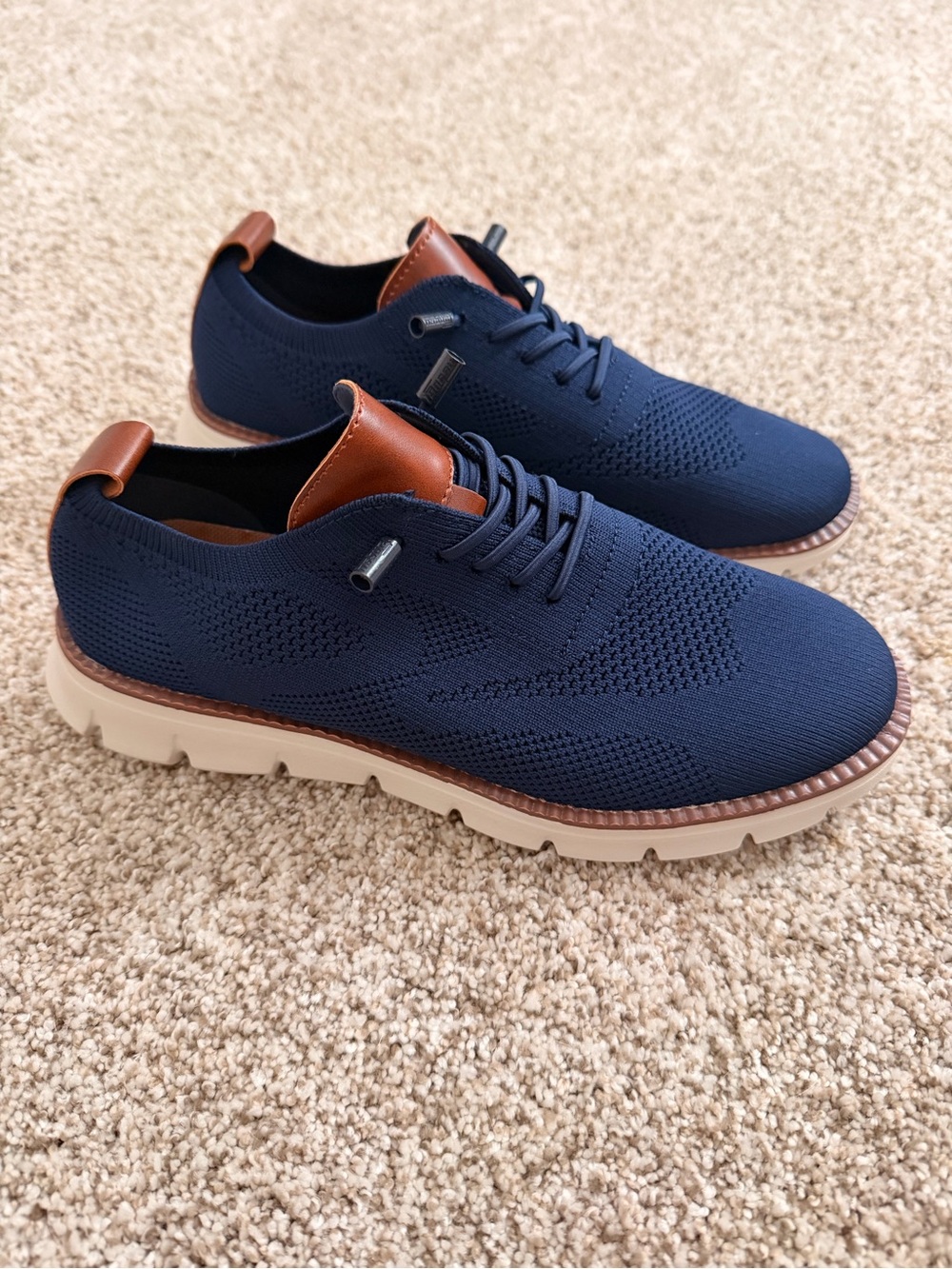 Men's Navy Knit Lace-Up Sneakers with Brown Leather Accents